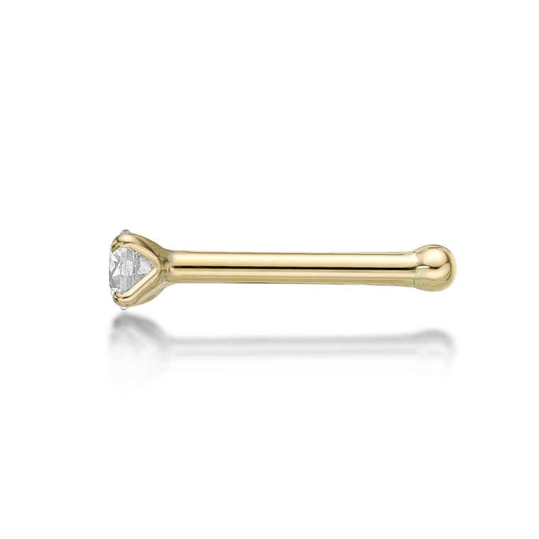 14K Gold Straight Bone Cubic Zirconia Nose Stud - 22G