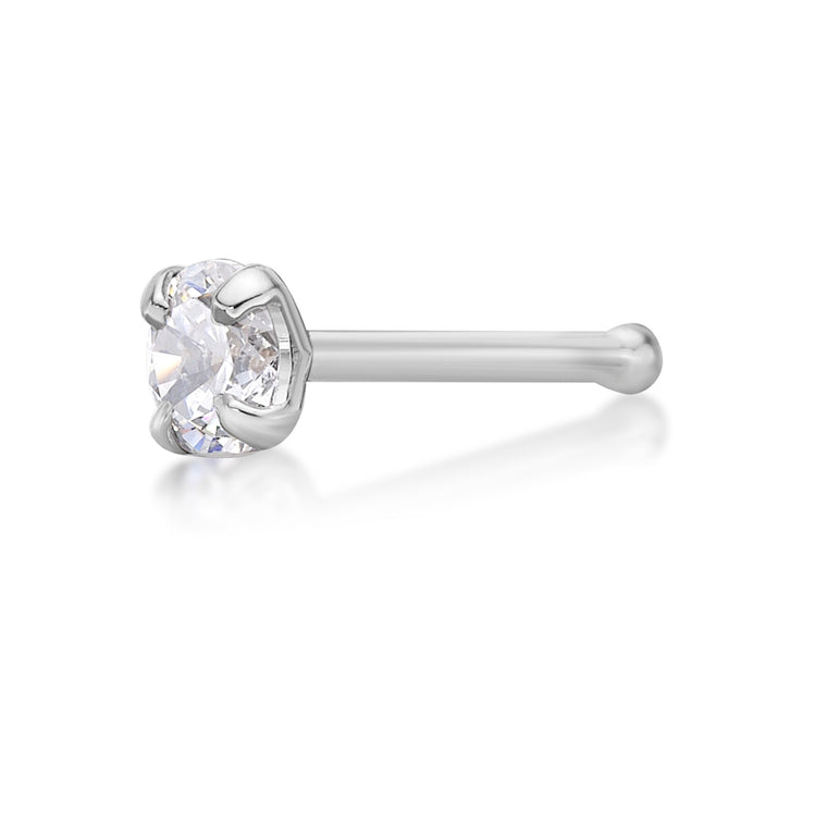 14K Gold Straight Bone Cubic Zirconia Nose Stud - 22G
