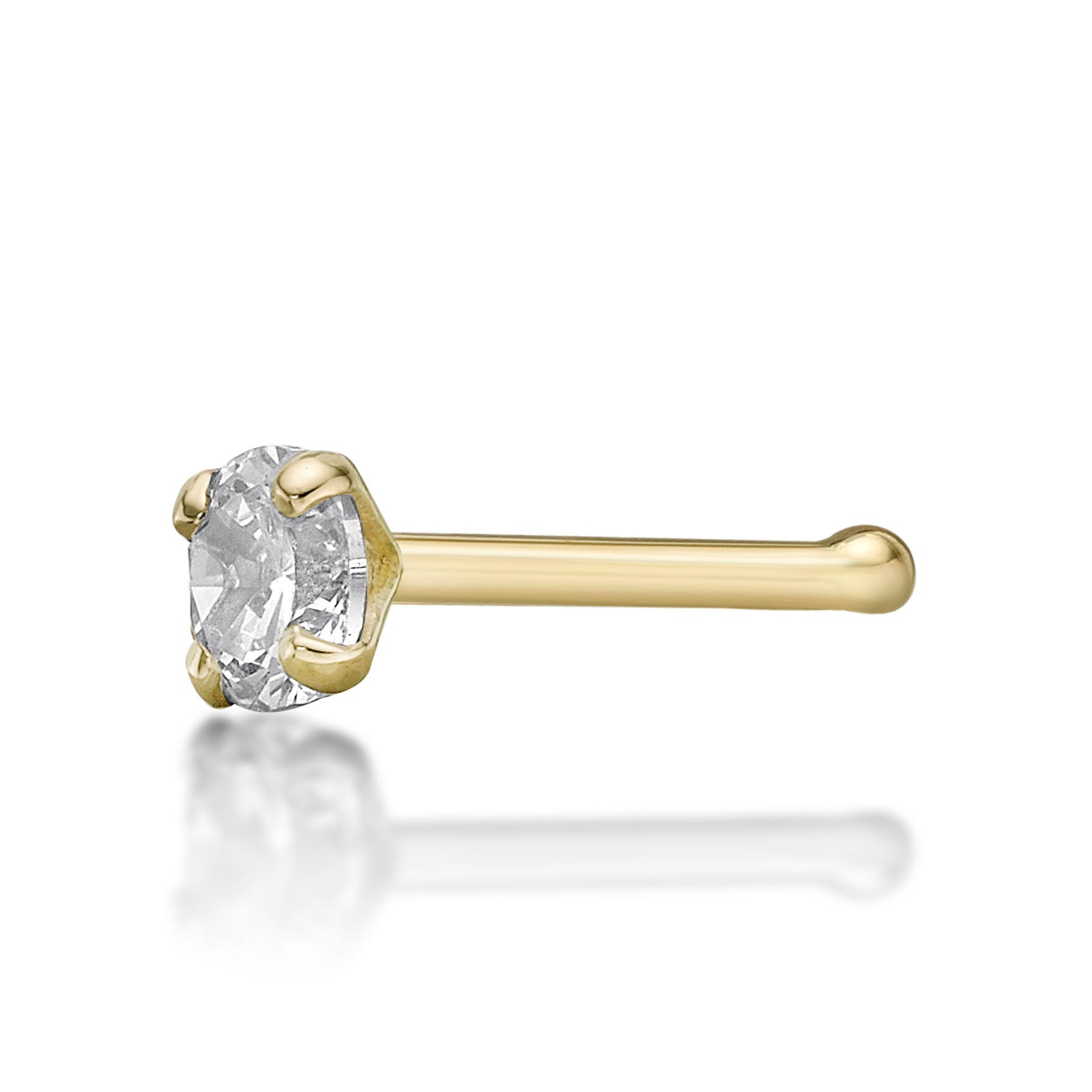 14K Gold Straight Bone Cubic Zirconia Nose Stud - 22G