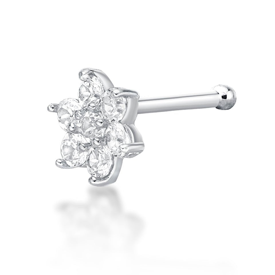 14K Gold Flower Cubic Zirconia Nose Stud - 22G