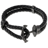 Anchor Bracelet in Braided Black Leather and Black Ion-Plated Stainless Steel