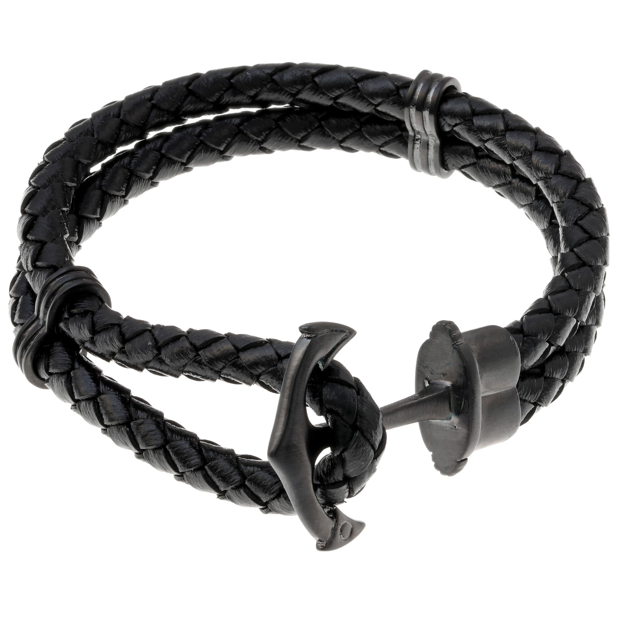 Anchor Bracelet in Braided Black Leather and Black Ion-Plated Stainless Steel