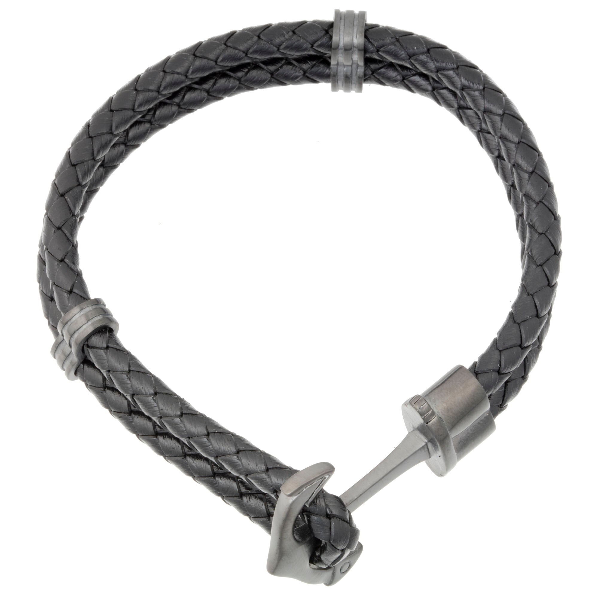 Anchor Bracelet in Braided Black Leather and Black Ion-Plated Stainless Steel
