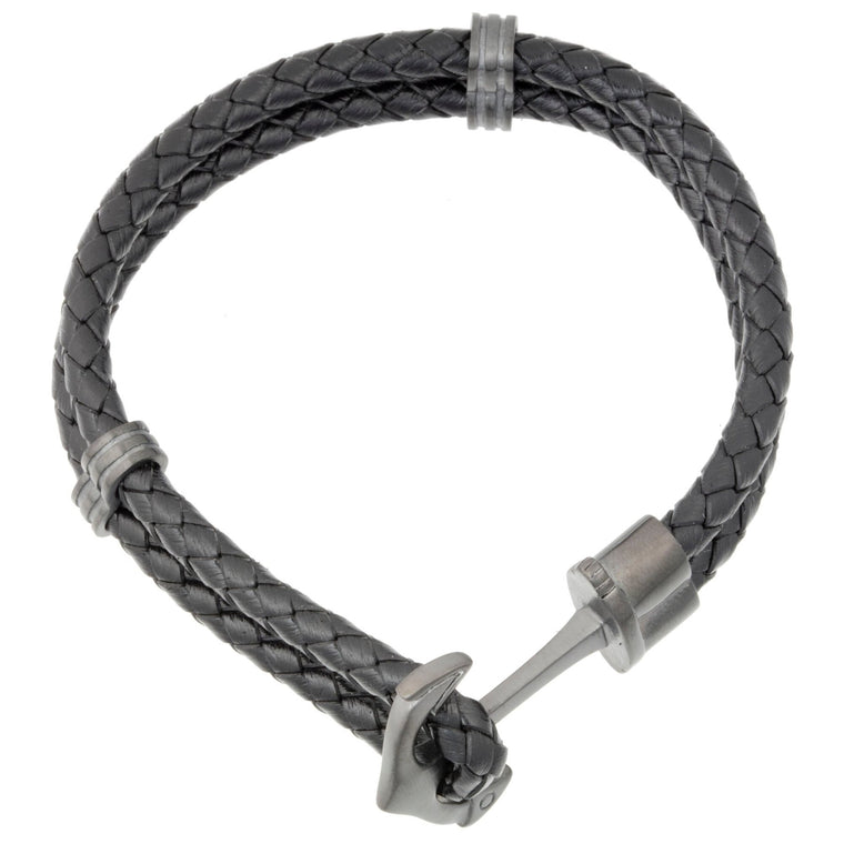 Anchor Bracelet in Braided Black Leather and Black Ion-Plated Stainless Steel