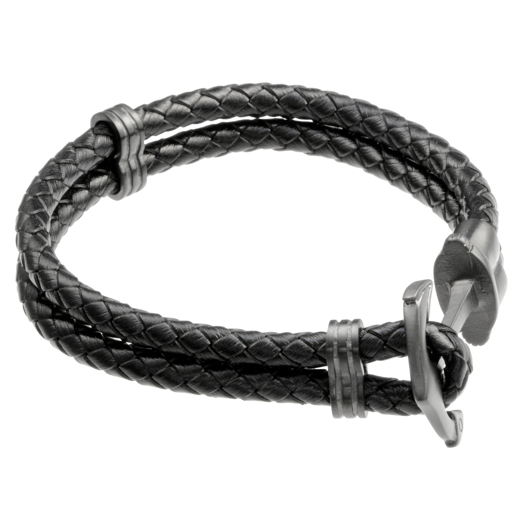 Anchor Bracelet in Braided Black Leather and Black Ion-Plated Stainless Steel