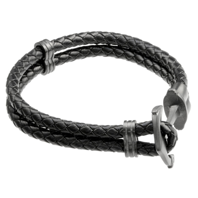 Anchor Bracelet in Braided Black Leather and Black Ion-Plated Stainless Steel