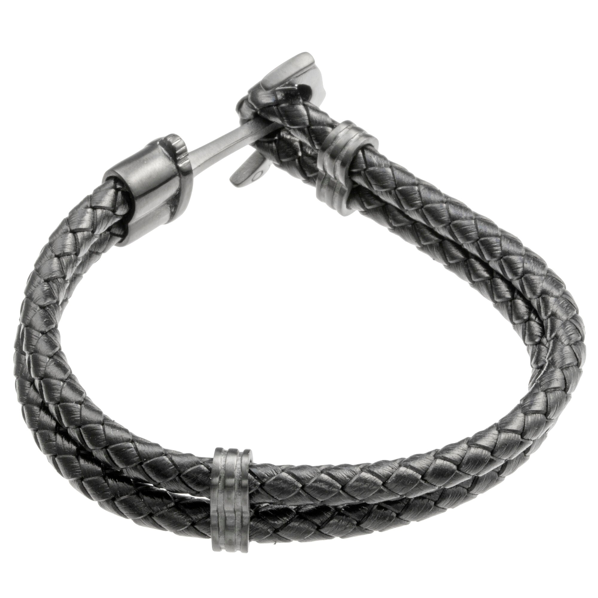 Anchor Bracelet in Braided Black Leather and Black Ion-Plated Stainless Steel