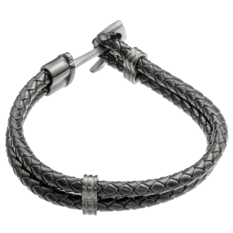 Anchor Bracelet in Braided Black Leather and Black Ion-Plated Stainless Steel