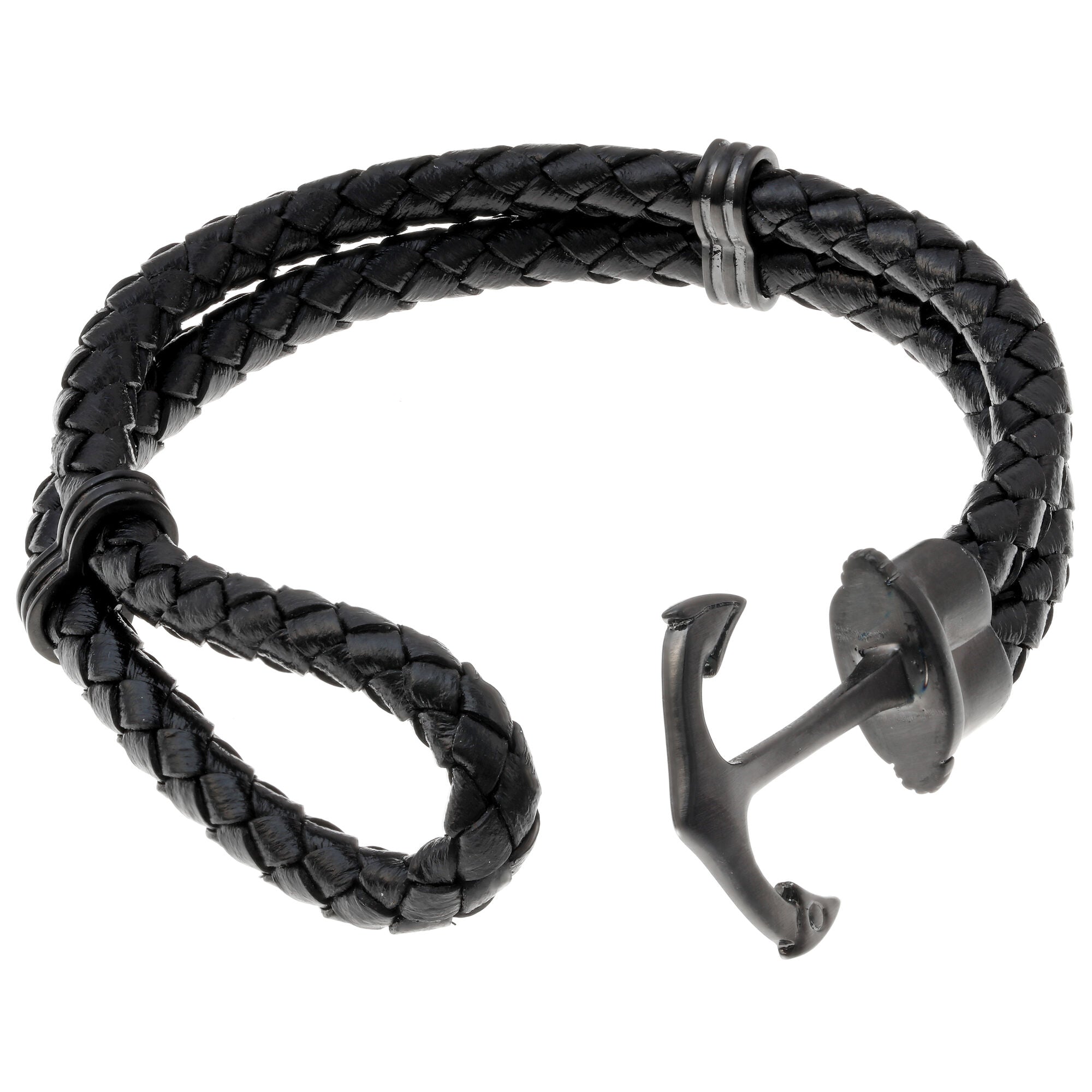 Anchor Bracelet in Braided Black Leather and Black Ion-Plated Stainless Steel