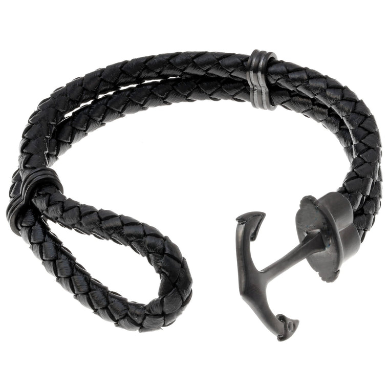 Anchor Bracelet in Braided Black Leather and Black Ion-Plated Stainless Steel