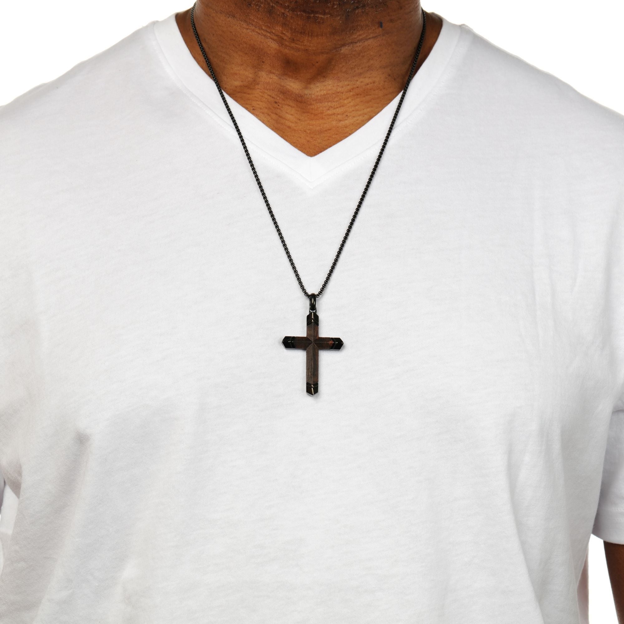 Men's Ebony Wood Cross Pendant in Black Ion-Plated Stainless Steel