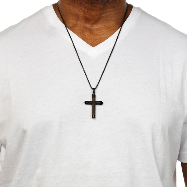 Men's Ebony Wood Cross Pendant in Black Ion-Plated Stainless Steel