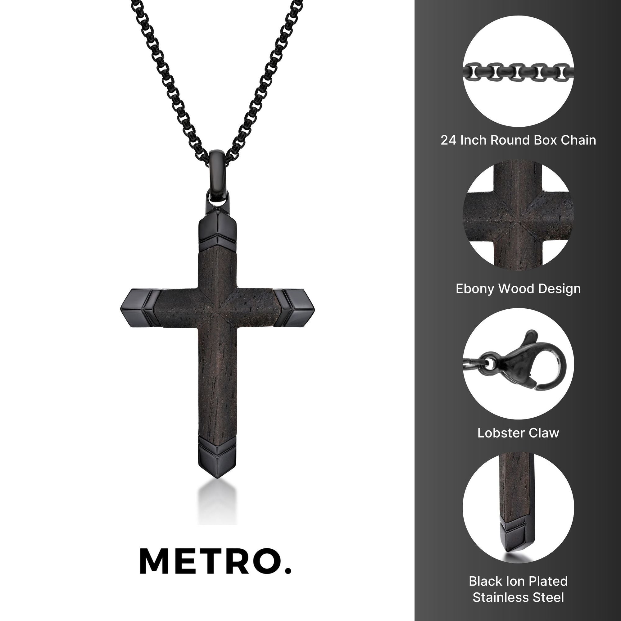 Men's Ebony Wood Cross Pendant in Black Ion-Plated Stainless Steel