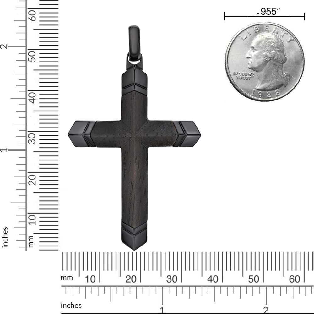 Men's Ebony Wood Cross Pendant in Black Ion-Plated Stainless Steel