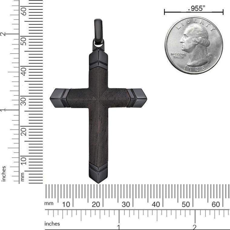 Men's Ebony Wood Cross Pendant in Black Ion-Plated Stainless Steel