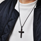 Men's Ebony Wood Cross Pendant in Black Ion-Plated Stainless Steel
