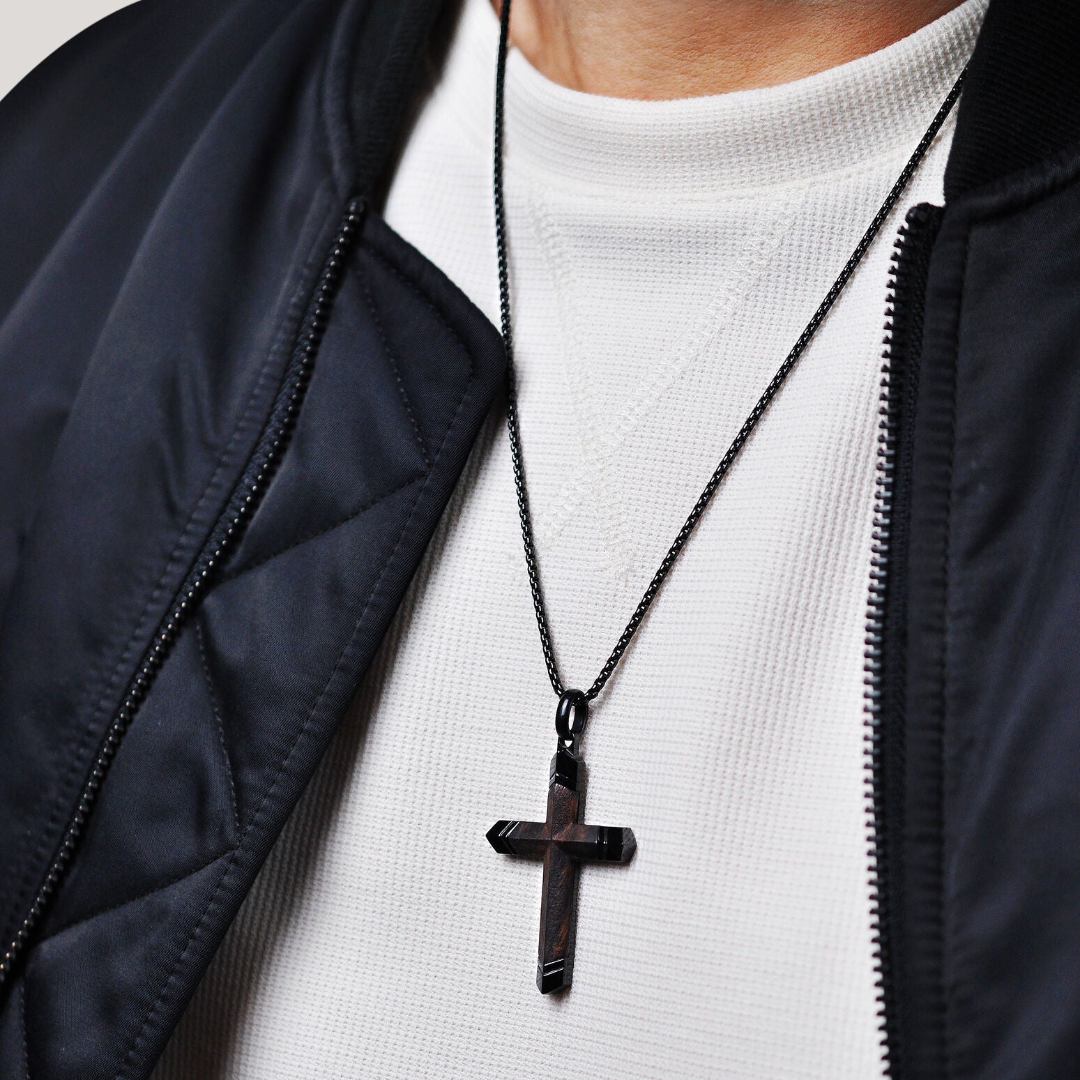 Men's Ebony Wood Cross Pendant in Black Ion-Plated Stainless Steel