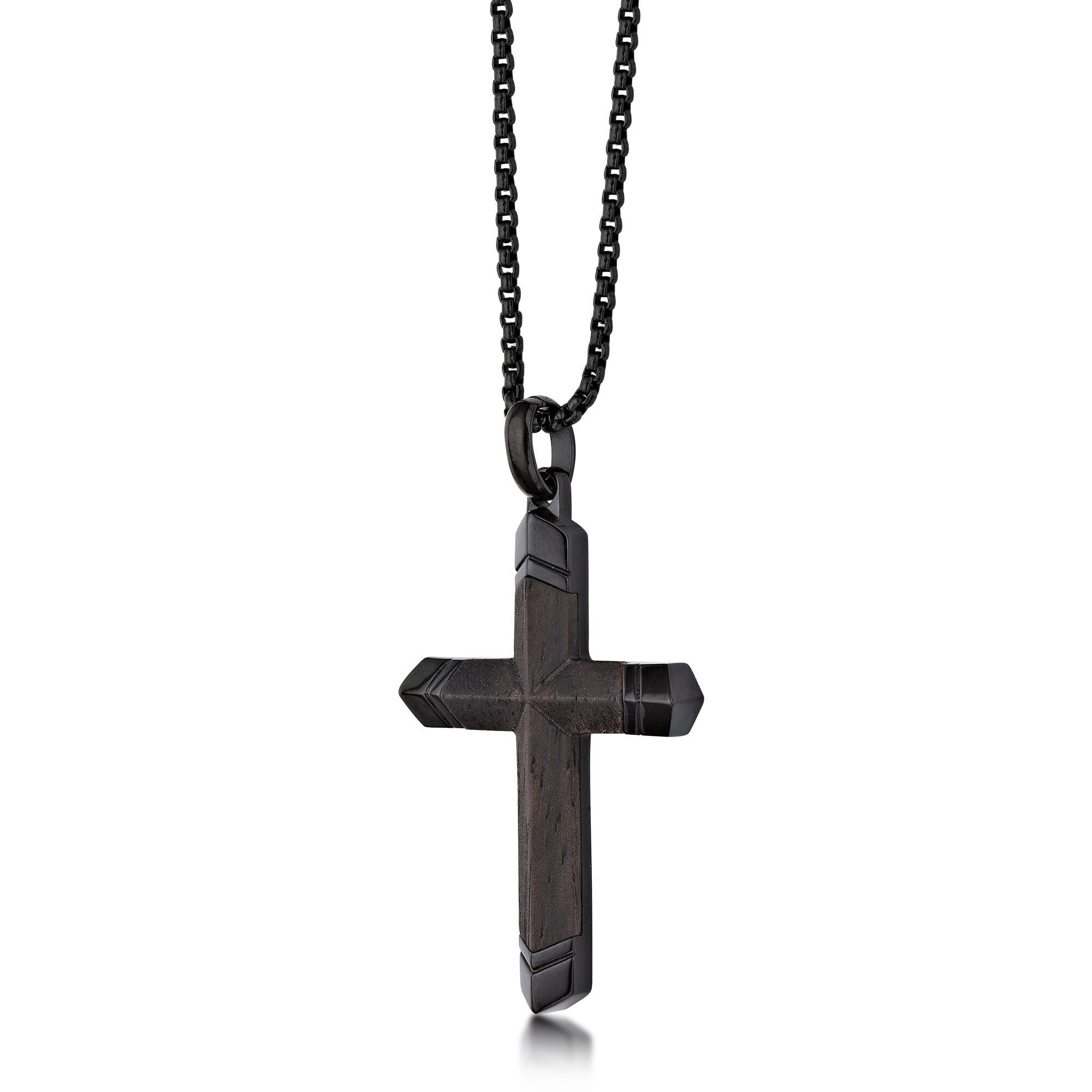 Men's Ebony Wood Cross Pendant in Black Ion-Plated Stainless Steel