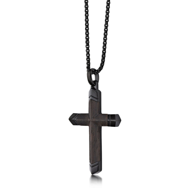 Men's Ebony Wood Cross Pendant in Black Ion-Plated Stainless Steel