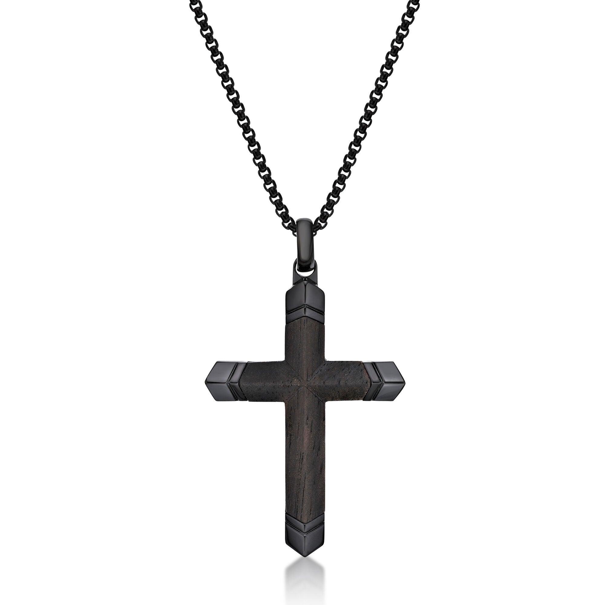 Men's Ebony Wood Cross Pendant in Black Ion-Plated Stainless Steel