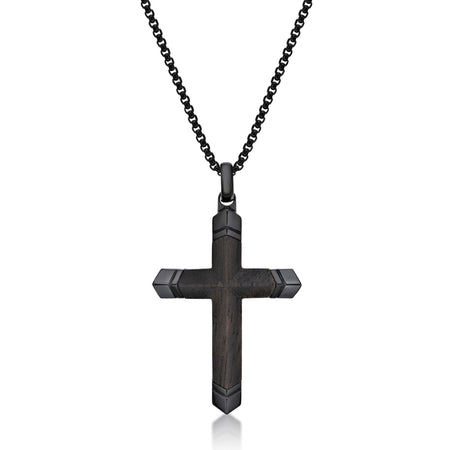 Men's Ebony Wood Cross Pendant in Black Ion-Plated Stainless Steel