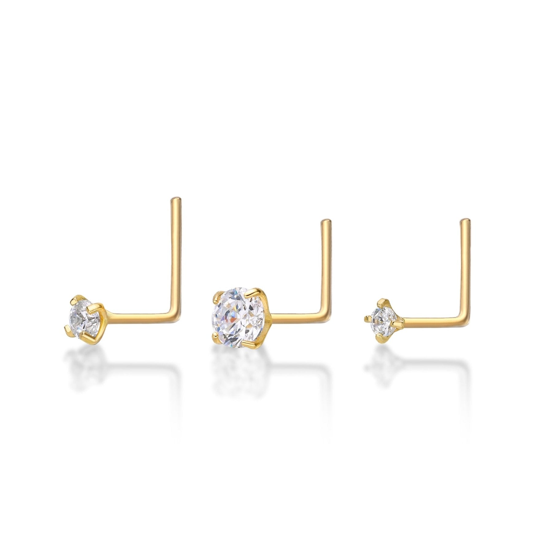 14K Gold L-Shaped Cubic Zirconia Nose Ring Set - 22G
