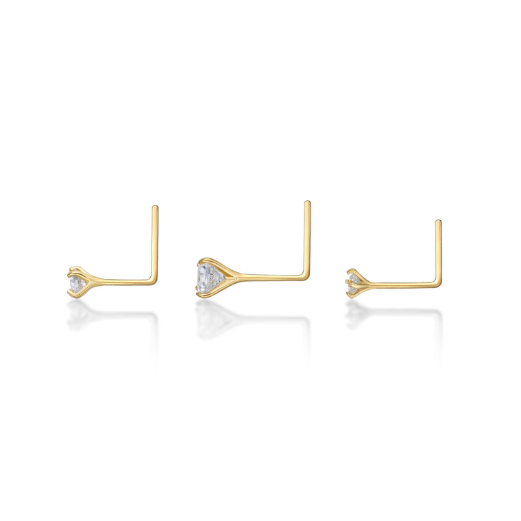 14K Gold L-Shaped Cubic Zirconia Nose Ring Set - 22G