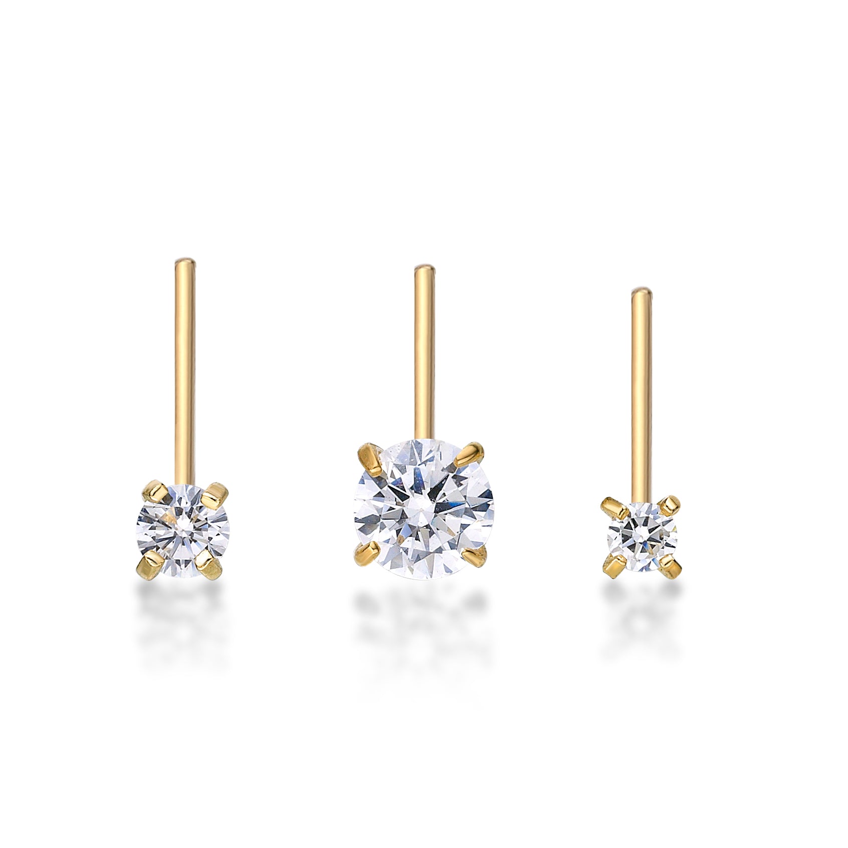 14K Gold L-Shaped Cubic Zirconia Nose Ring Set - 22G