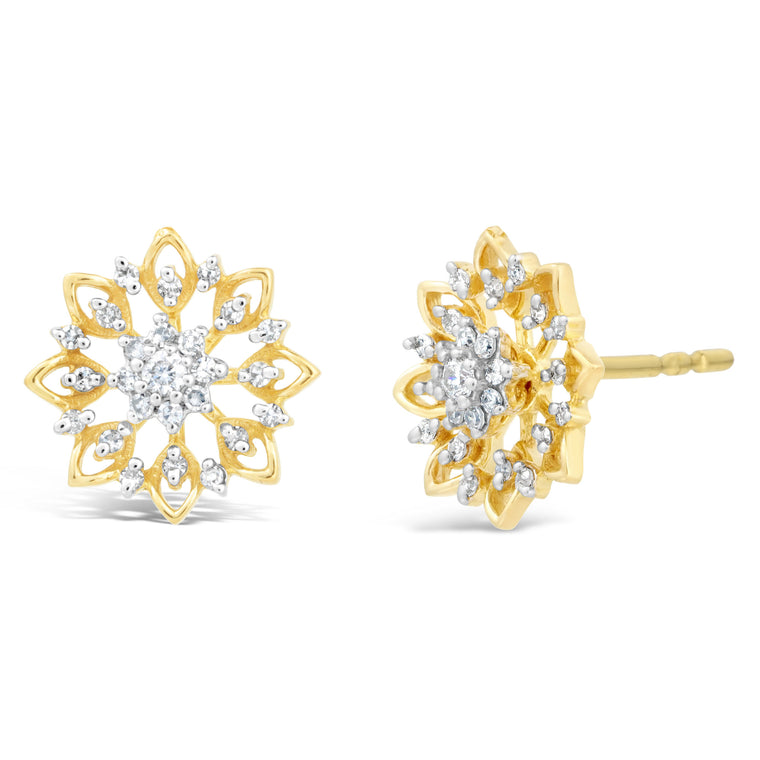 0.125 cttw Natural Diamond Snowflake Stud Earring in Yellow Gold Plated Sterling Silver