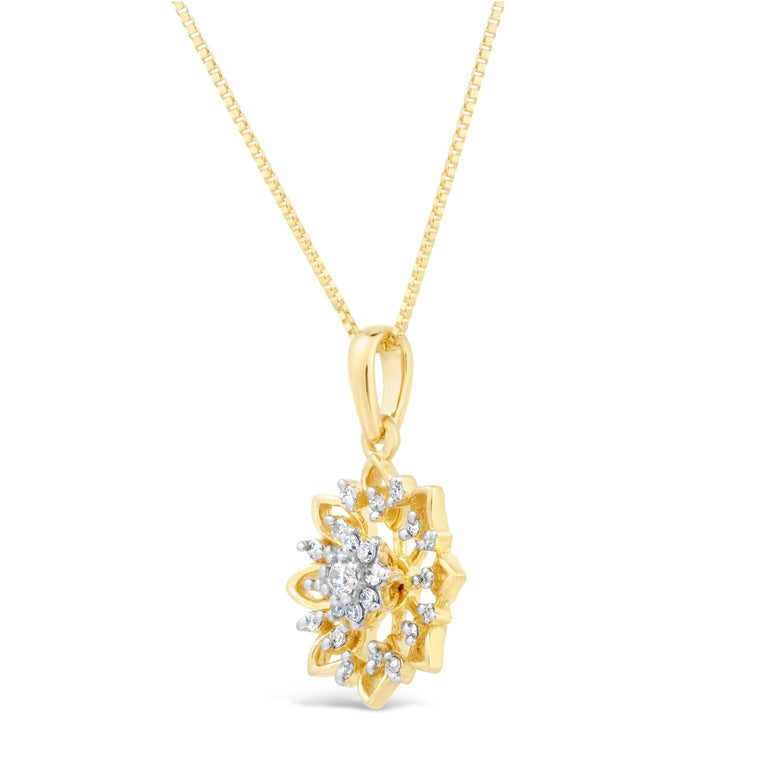 0.125 cttw Natural Diamond Snowflake Pendant in Yellow Gold Plated Sterling Silver, 18"