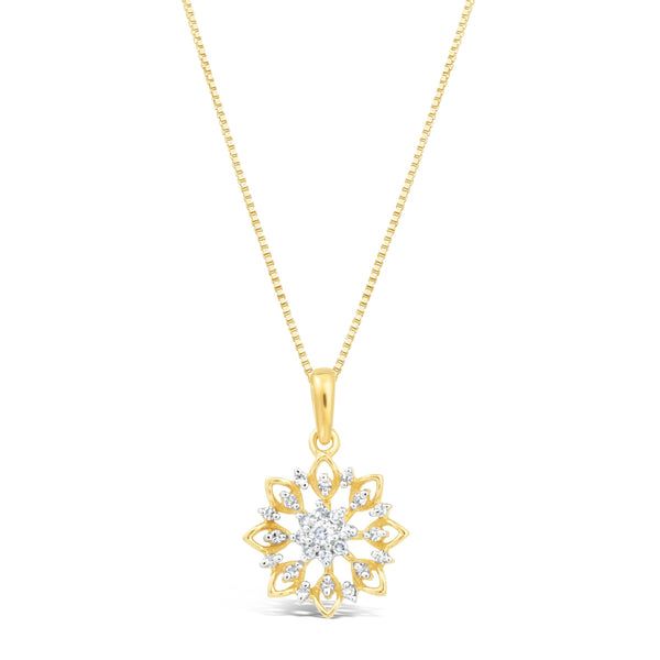 0.125 cttw Natural Diamond Snowflake Pendant in Yellow Gold Plated Sterling Silver, 18"