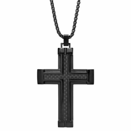 Carbon Fiber Cross Pendant in Black Ion Plated Stainless Steel