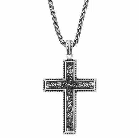 Engraved Scroll Cross Pendant in Antique Finish Stainless Steel