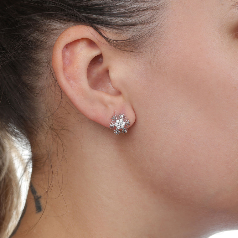 Cubic Zirconia Rounded Snowflake Stud Earring in Sterling Silver
