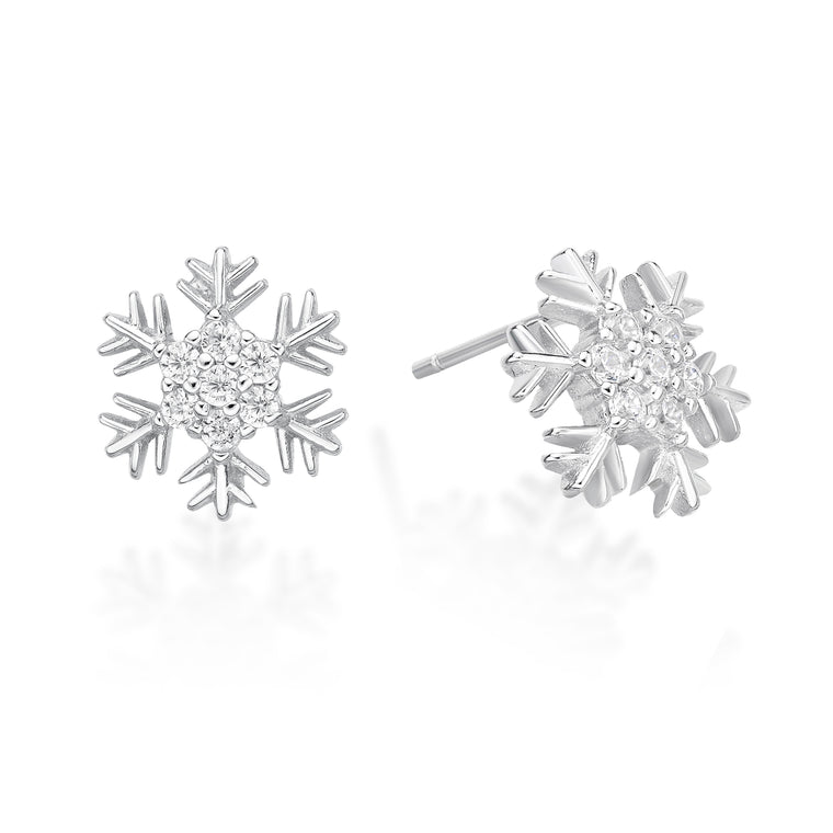 Cubic Zirconia Rounded Snowflake Stud Earring in Sterling Silver