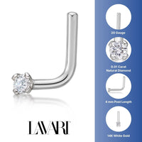 14K Gold L-Shaped Diamond Nose Ring - 20G