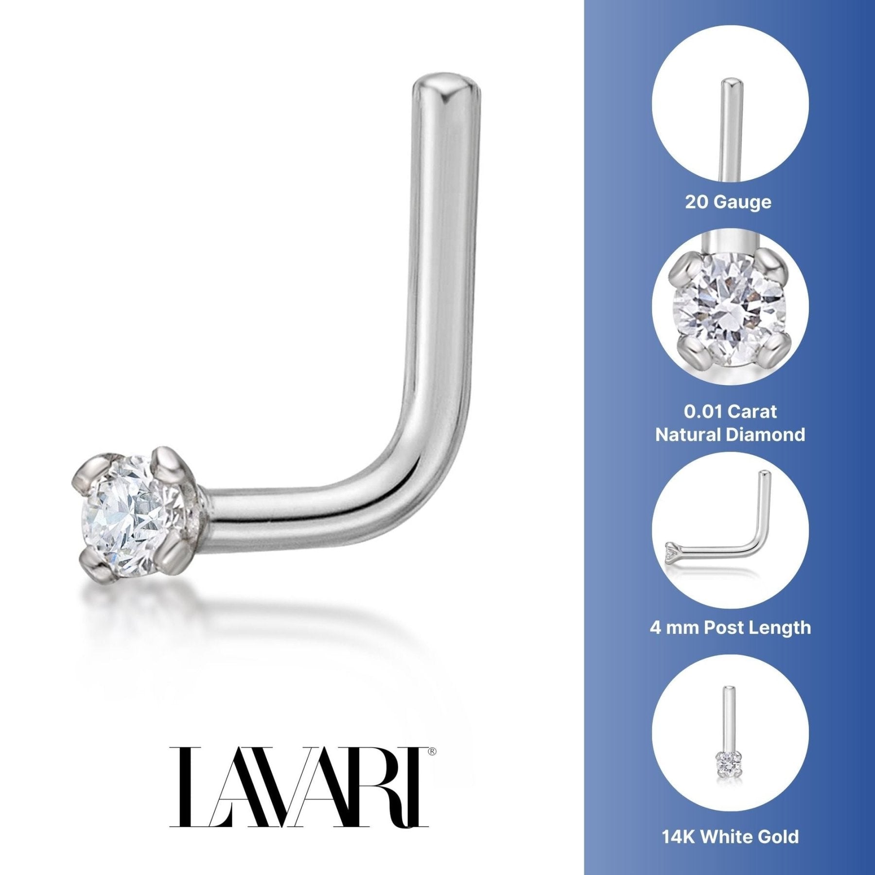 14K Gold L-Shaped Diamond Nose Ring - 20G