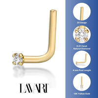 14K Gold L-Shaped Diamond Nose Ring - 20G