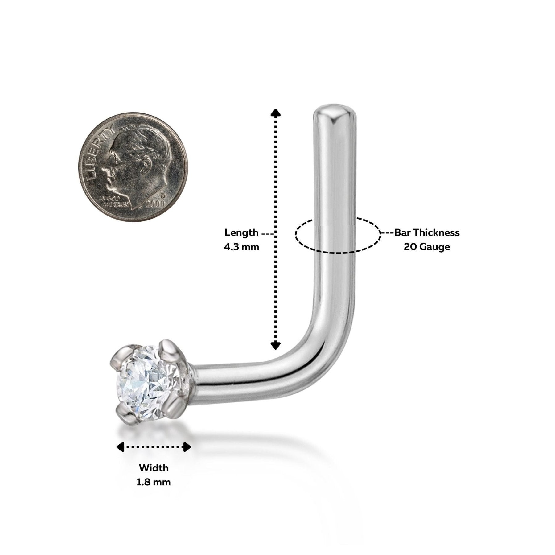 14K Gold L-Shaped Diamond Nose Ring - 20G