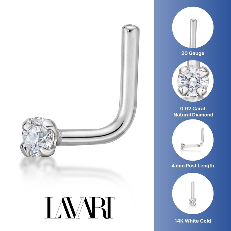 14K Gold L-Shaped Diamond Nose Ring - 20G