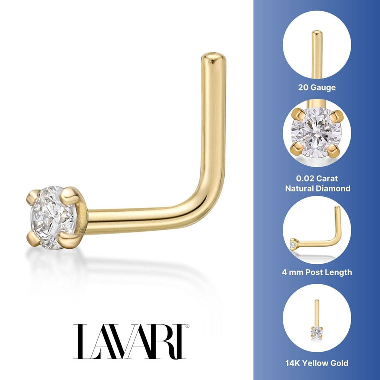 14K Gold L-Shaped Diamond Nose Ring - 20G