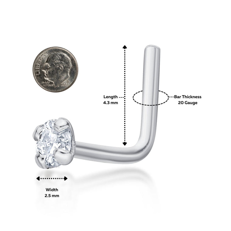 14K Gold L-Shaped Diamond Nose Ring - 20G