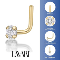 14K Gold L-Shaped Diamond Nose Ring - 20G