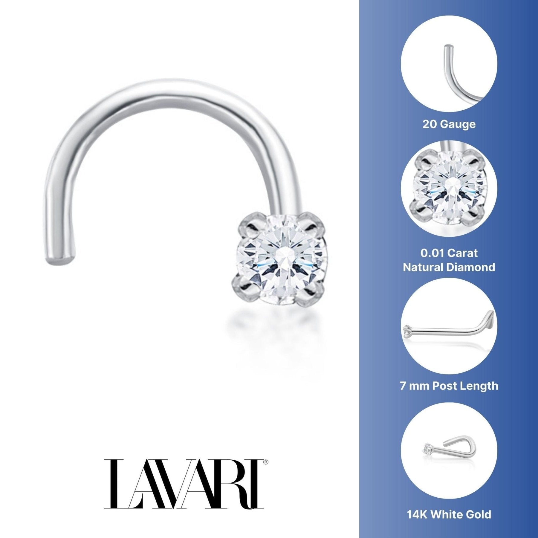 14K Gold Screw Diamond Nose Ring - 20G