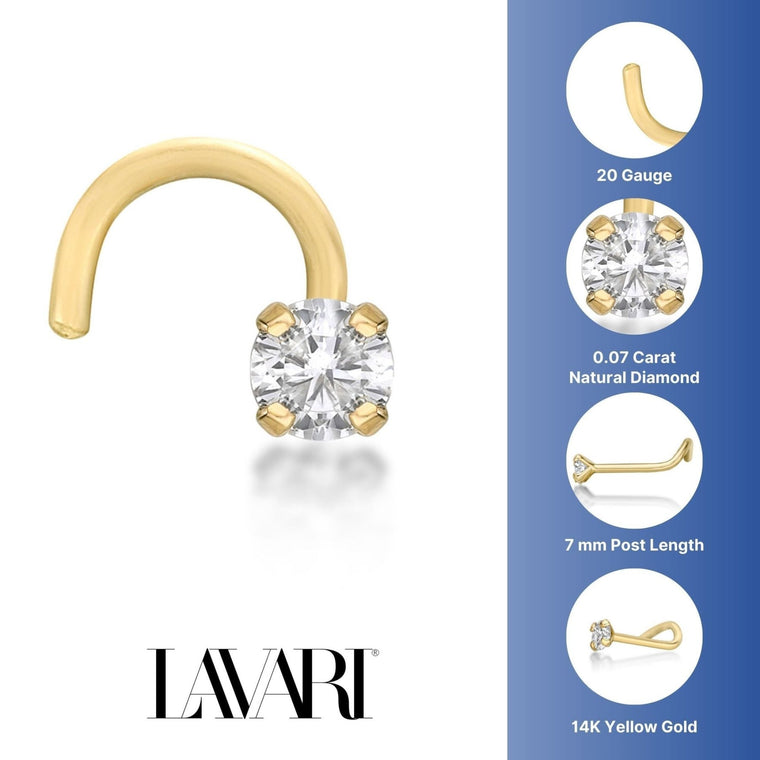 14K Gold Screw Diamond Nose Ring - 20G