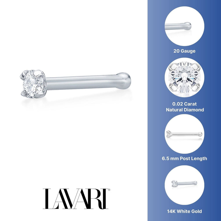 14K Gold Straight Bone Diamond Nose Ring - 20G