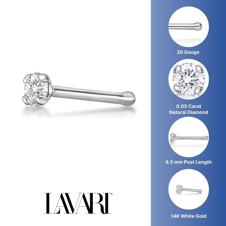 14K Gold Straight Bone Diamond Nose Ring - 20G