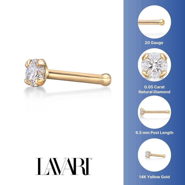 14K Gold Straight Bone Diamond Nose Ring - 20G