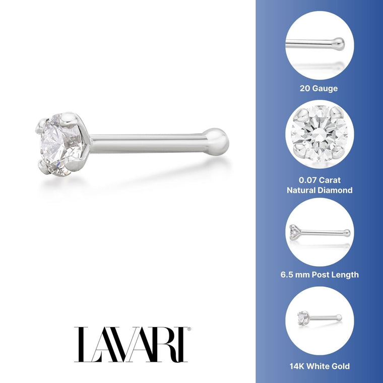 14K Gold Straight Bone Diamond Nose Ring - 20G