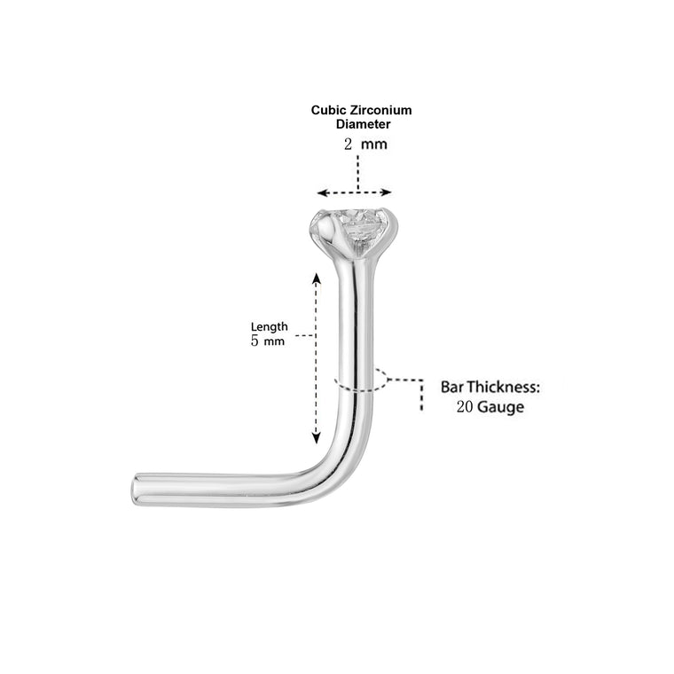 14K L-Shaped Cubic Zirconia Nose Ring - 20G